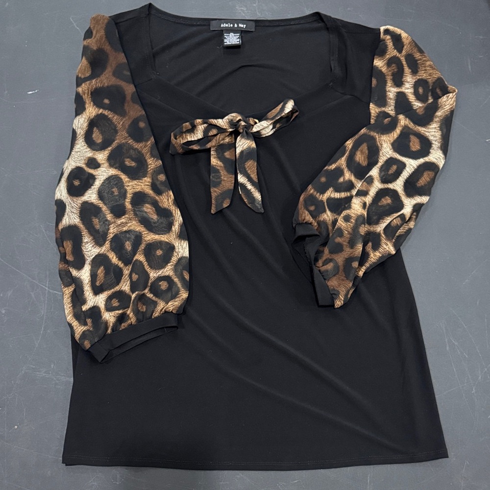 Chic Black Blouse with Leopard Print Sleeves
